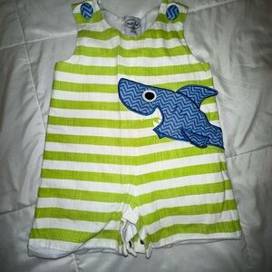 Mud Pie Green and White Striped Romper with Blue Shark